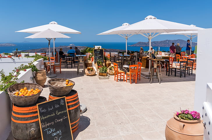 Santorini, Oia, étterem, nézet, az emberek, személy, turisztikai