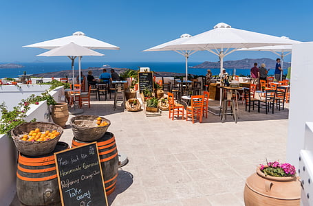 Santorini, Oia, Restaurant, weergave, mensen, persoon, toeristische
