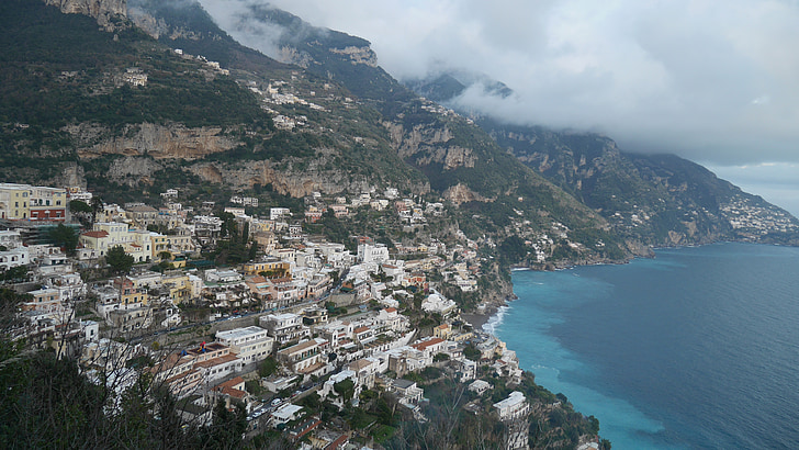 Shore, İtalya, Positano, gökyüzü, Deniz, kıyı şeridi, Şehir