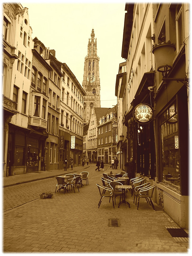 sepia, old, cobble stone, street, antwerp, belgium, cathedral