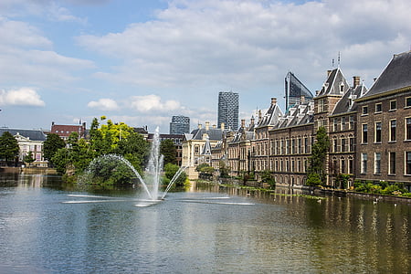 Architektura, budovy, v Haagu, město, Nizozemsko, rybník