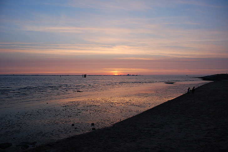 coucher de soleil, Afterglow, Emden, Knock, Côte, mer, plage