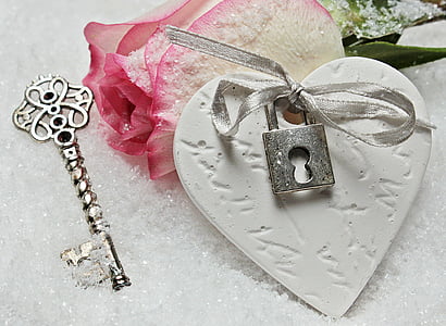 coração, chave, levantou-se, Herzchen, amor, romance, símbolo