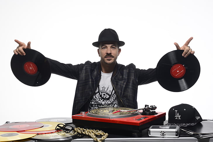 DJ, skivspelare, Scratch, hip hop, kultur, ung man, händer