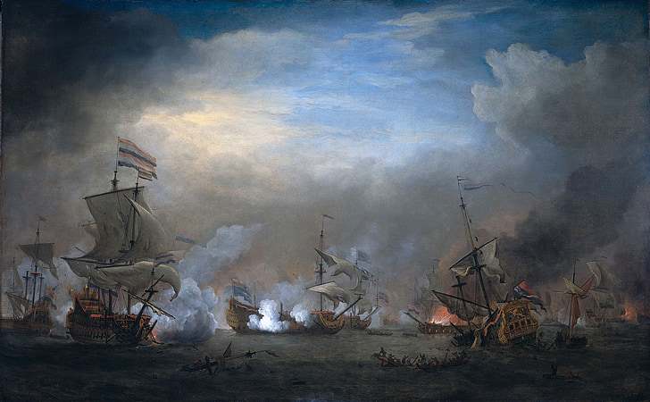 Willem van de velde, arte, pittura, olio su tela, cielo, nuvole, navi