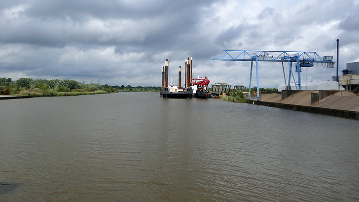 papenburg germany, industriehafen, cranes, channel, waterway, water, port