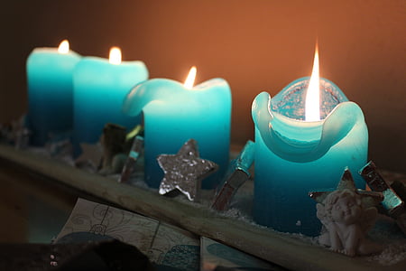 Natal, kedatangan karangan bunga, lilin, biru, cahaya, api, lilin