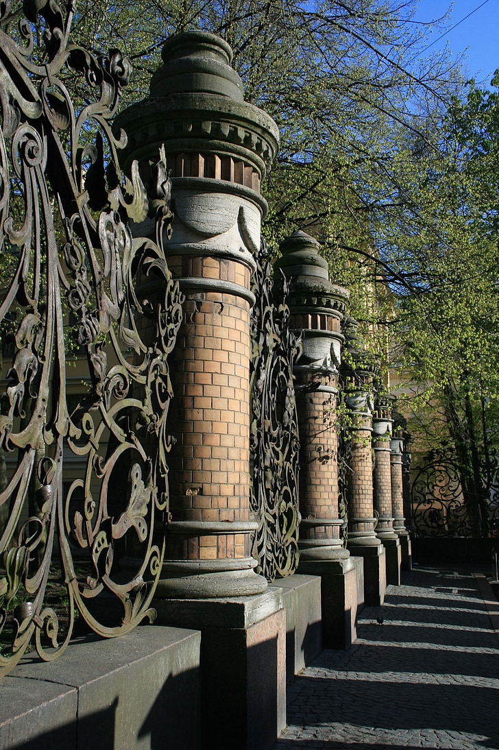 fence, pillars, decorative, ornate, park, path, trees