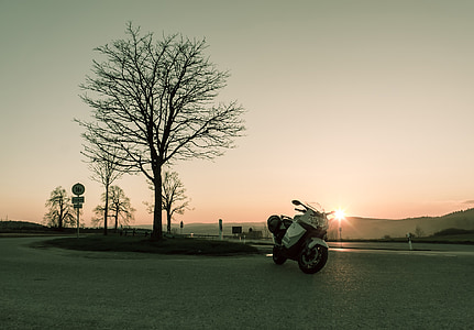 zonsondergang, zonnige, motorfiets, weg, boom, straten, landschap