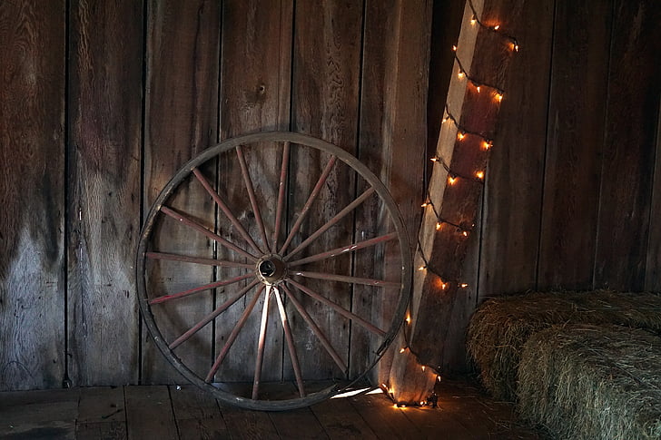 roda de carroça, celeiro, feno, r, rústico, de madeira, ocidental
