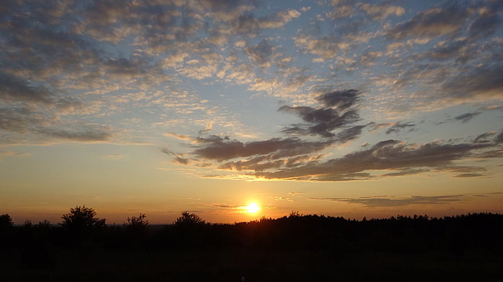 Západ slunce, krajina, obloha, mraky, Příroda