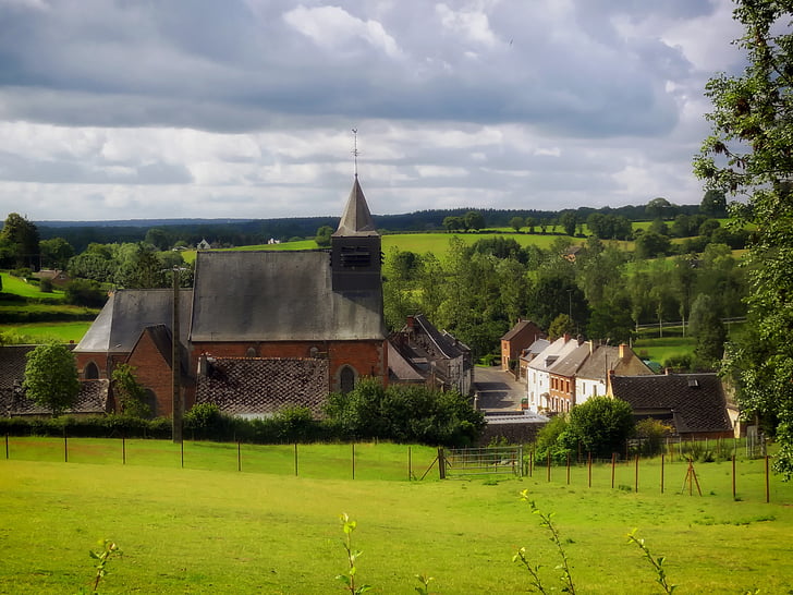 Frankrijk, kerk, dorp, hemel, wolken, landschap, schilderachtige