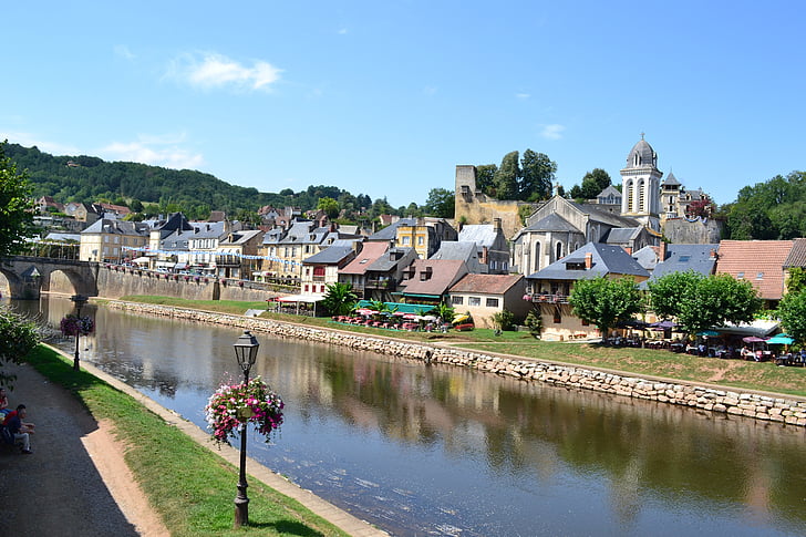 kaimas, upės, namai, Dordogne, – Montignac, Périgord, žibintai