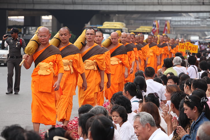 Tailandia, budistas, monjes, budismo, a pie, naranja, batas de