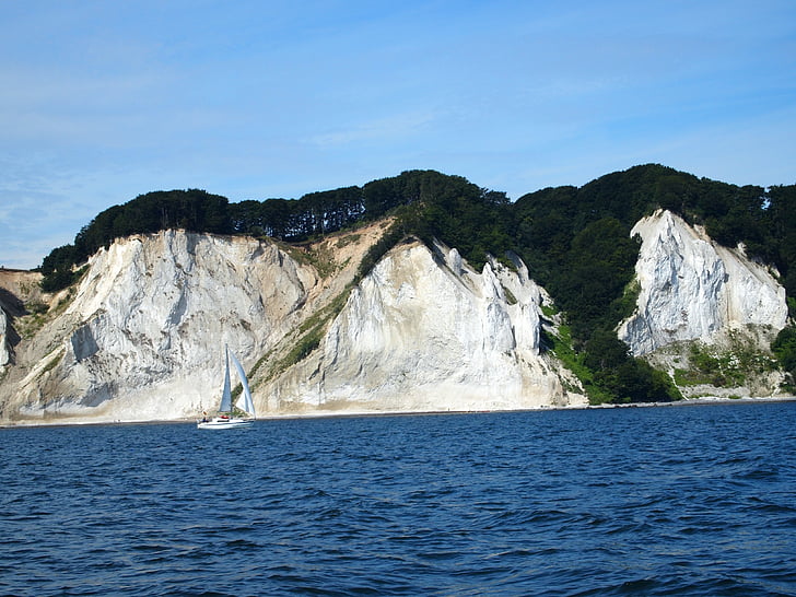 white cliffs, cliff, sailing yacht, island mön, denmark