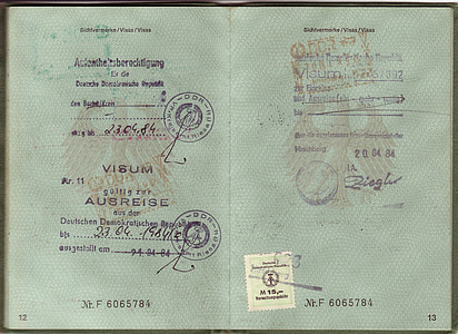 pase, vīzas, DDR, Federatīvā Republika, Vācija, vecā papīra, dokumentu