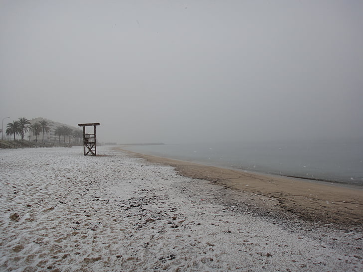 сняг, плаж, зимни, брегова линия, никой не, студено, крайбрежие