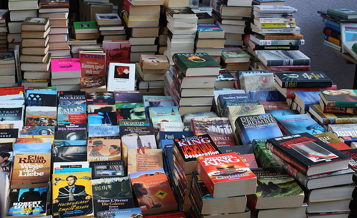 flea market, books, box, browse, read, title, book market