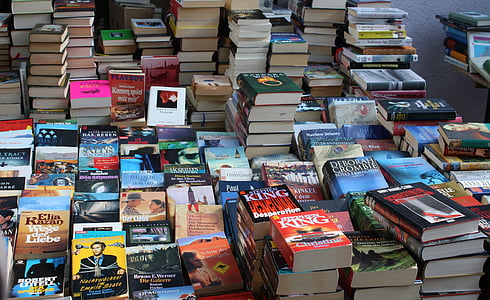 mercat de puces, llibres, Caixa, navegar, llegir, títol, mercat del llibre