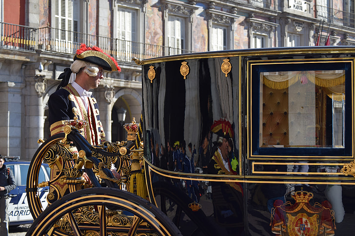 carrinho, ouro, uniforme, lacaio, Madrid, desfile