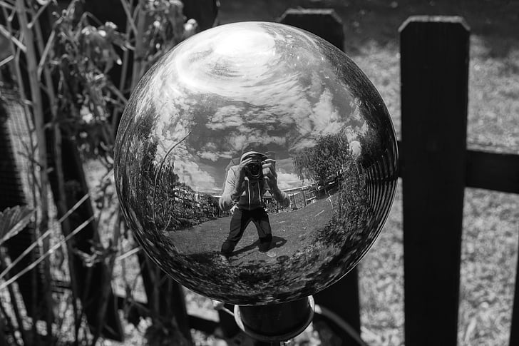 black and white, ball, mirroring, self portrait