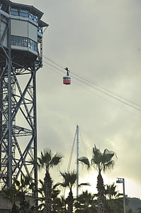 cable car, gondola, tower, high, barcelona, palm trees