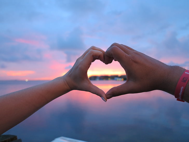 love, caribbean, passion, hands, heart, casal, sunset