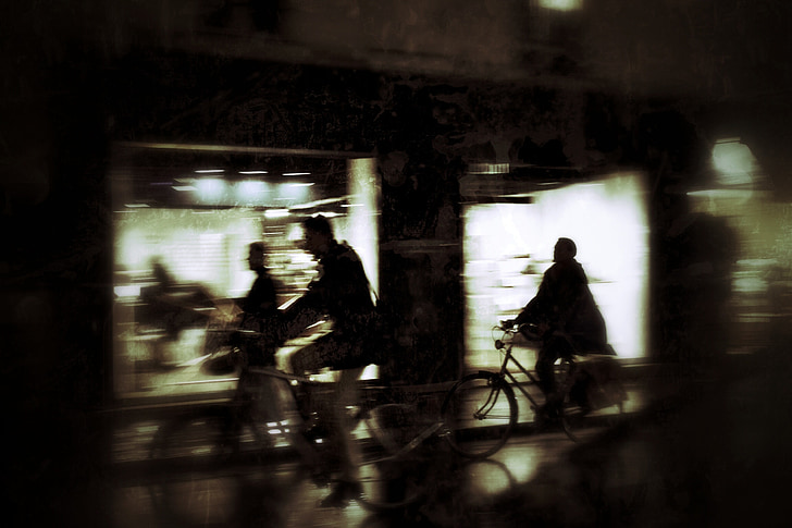pilsēta, naktī, silueti, velosipēds, kustība, vakarā, gaismas