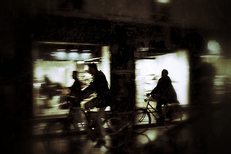City, nat, silhuetter, cykel, bevægelse, aften, lys