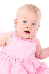 bebê, vestindo, -de-rosa, vestido, menina, pessoas, retrato