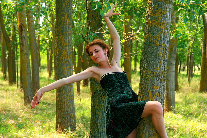 djevojka, šuma, ples, balet, ljepota, priroda, zelena