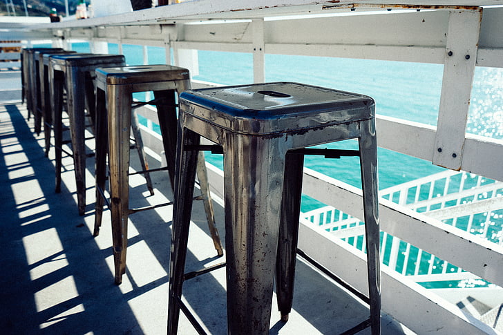 stainless, steel, stools, daytime, no people, nature, water