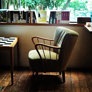 фотьойл, книги, стол, комфорт, съвременен, празен, мебели