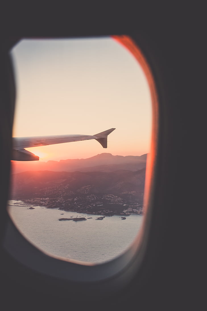 close, photo, airplane, window, view, sunset, wing