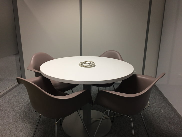 sala de reuniones, cable, cuatro, sillas, mesa redonda, reunión, sala de