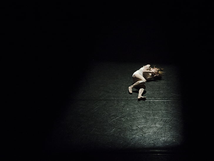 사진, 사람, 우는, 어두운, 댄스, 여자, 바닥