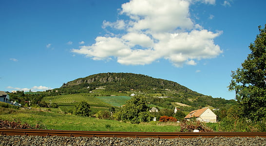 balaton, badascony, mountain, hill, vineyard, train track, field