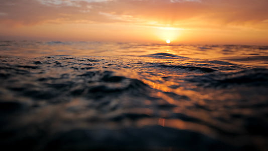 ocean, surface, sunset, waves, sea, water, pattern