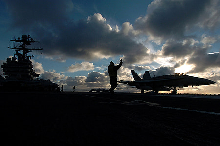 silhouettes, aircraft, carrier, jet, sailors, crew, military
