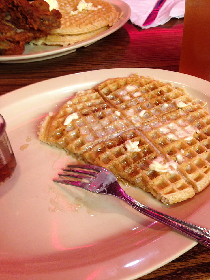 waffles, food, roscoes, tasty, delicious, fork, plate