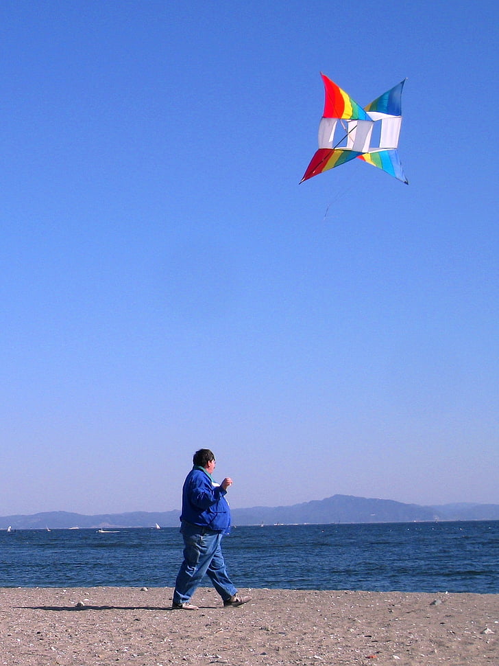 nobi beach, kite, wind, man, japanese, blue sky, colorful