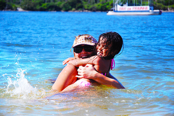 mor og datter, svømning, Beach, Sol, natur, fartøj, katamaran