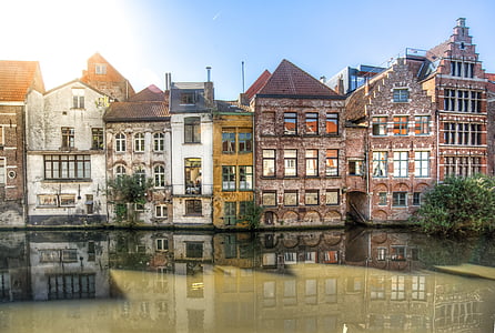 Gent, lei, reflectie, water, kanaal, zomer, reizen
