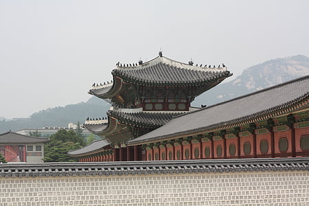 Дворецът Gyeongbok, hanok, традиционни, корейски традиционни, класически, моно