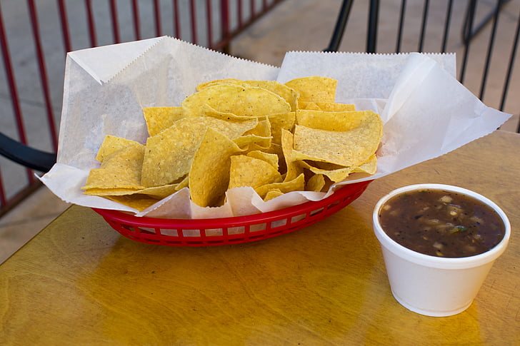 chip, dip, food, mexican, red basket, wooden table, mexican food