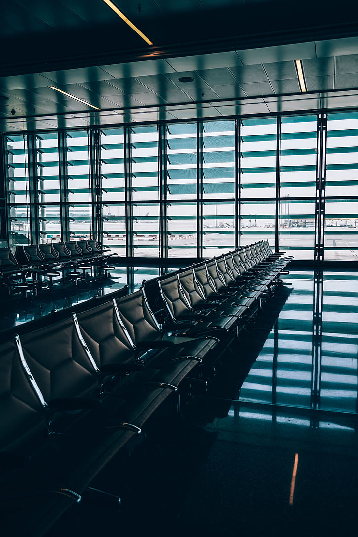 aéroport le plus pratique, en attente, zone, architecture, fenêtre de, verre, banc