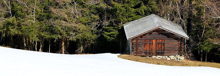 hytte, stald, bjælkehytte, landskab, natur, sne
