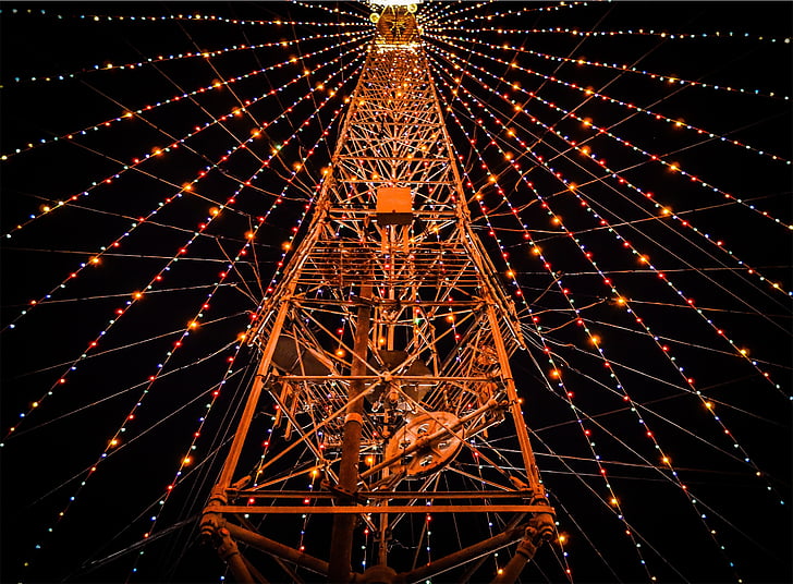 orange, metal, tower, light, fixture, string lights, night