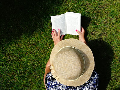 อ่าน, หนังสือ, หนังสือ, หมวก, สวน, ผ่อนคลาย, หญ้า