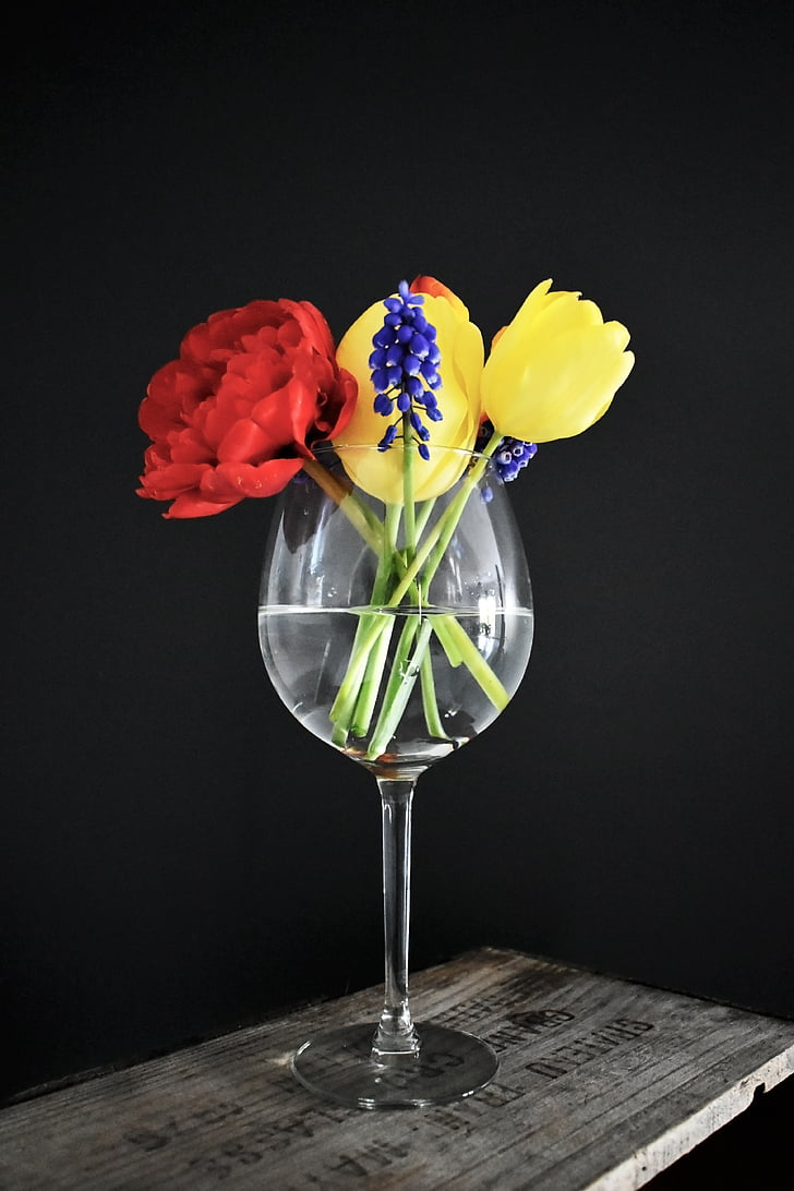 lilled, veini klaasi, kimp, puidust kast, tulbid, vaas, lill